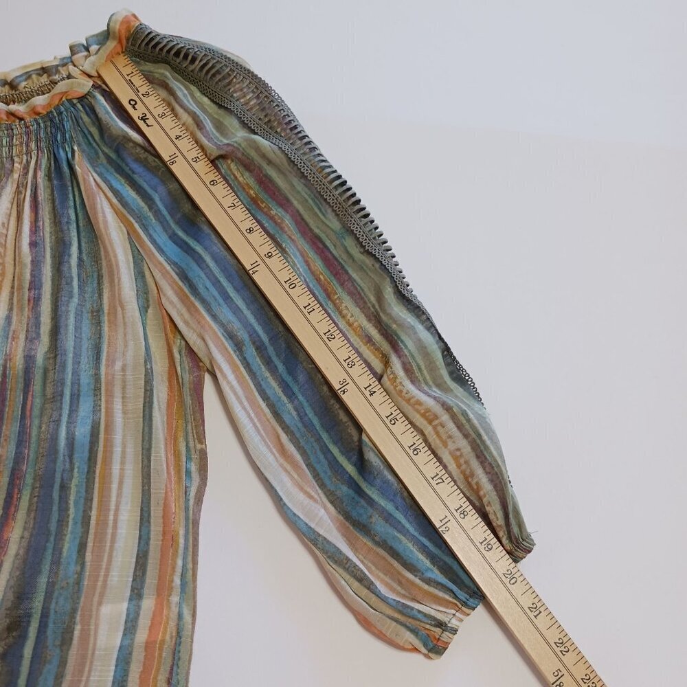 Multicolor Striped Blouse Crochet Trim Size Medium Boho Bohemian Artsy - Picture 11 of 11